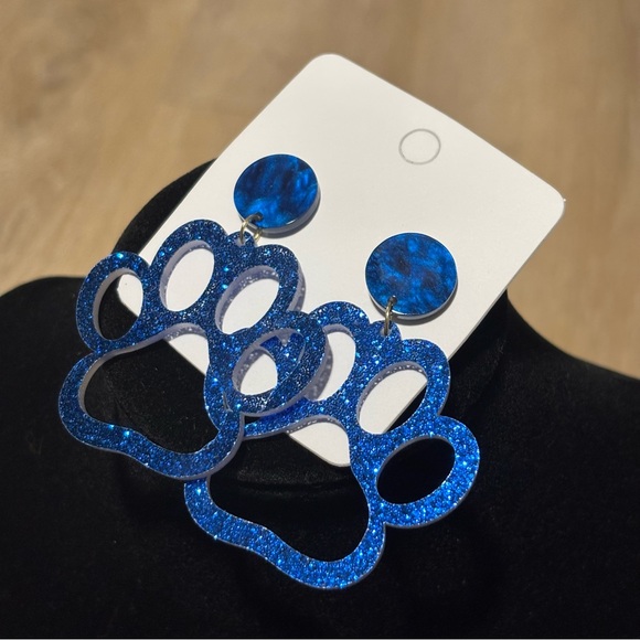 Cute Resin Cat Paw Stud Dangle Glitter Hook Earrings - Kitty Paw Earring BLUE - Picture 3 of 7